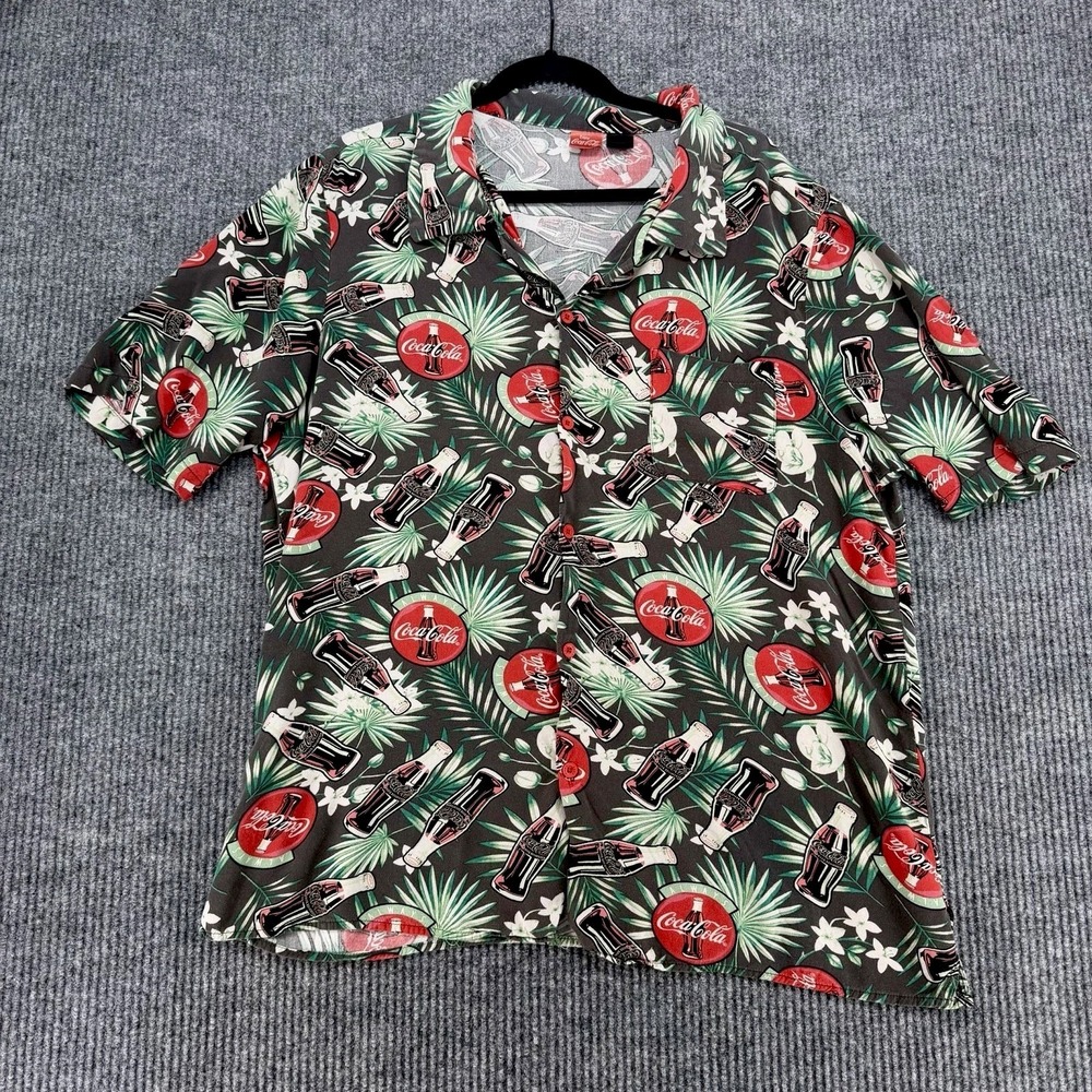 Coca Cola Button Shirt Mens XL Hawaiian Soda Bottle Logo Camp Casual